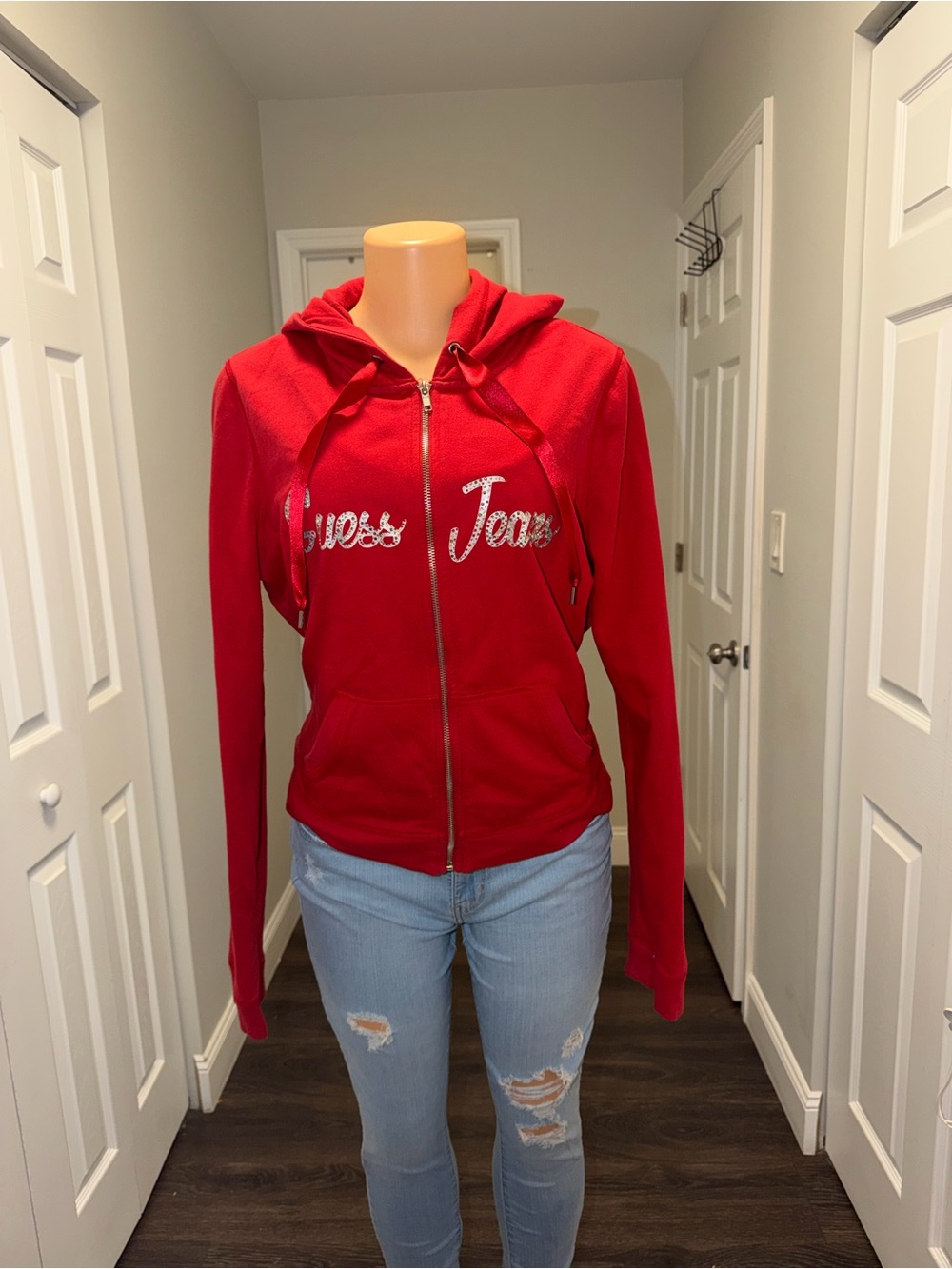 Guess Red Rhinestone Logo Zip Hoodie size XL